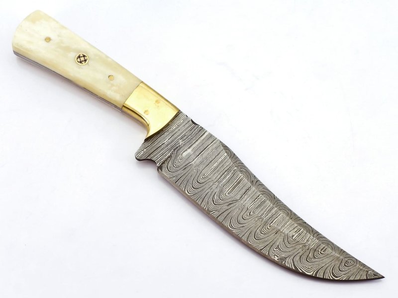 Damastmesser | Jagdmesser 267mm, Griff aus Kamelknochen, Handarbeit + Lederscheide